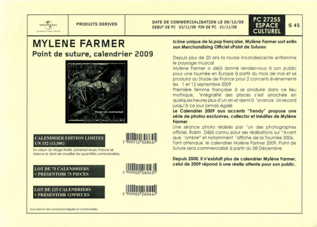 Bon de Précommande – Calendrier 2009 PLV – France
