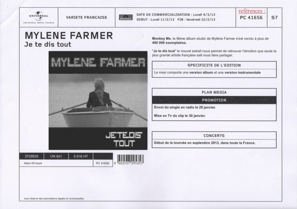 Bon de Précommande – Je te dis tout Maxi 45 Tours – France