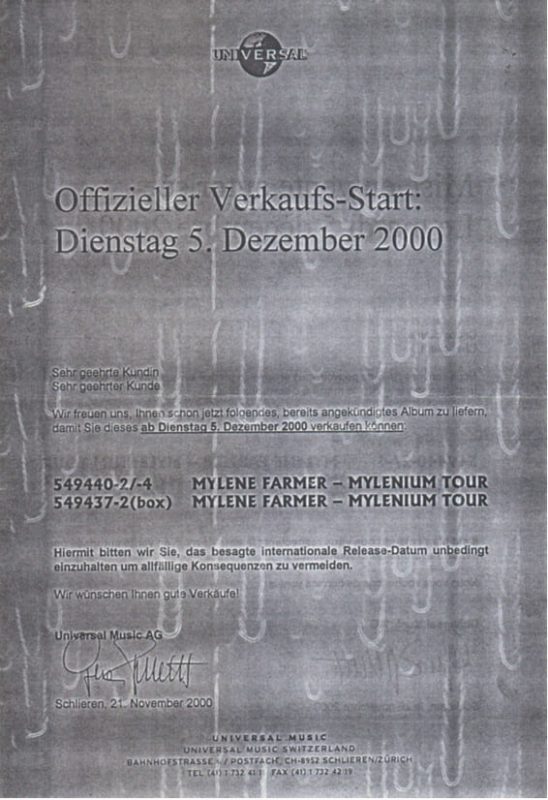 Autorisation de vente – Mylenium Tour – Suisse