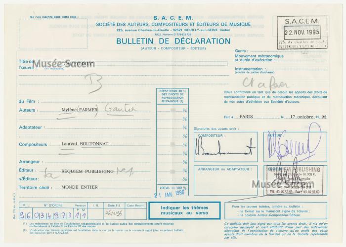 Bulletin de déclaration « California » – Sacem